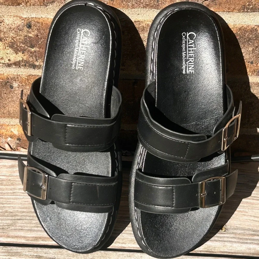 Catherine Malandrino Sandals Platform Slide 7.5 Black Chunky Goth Grunge Edgy‎